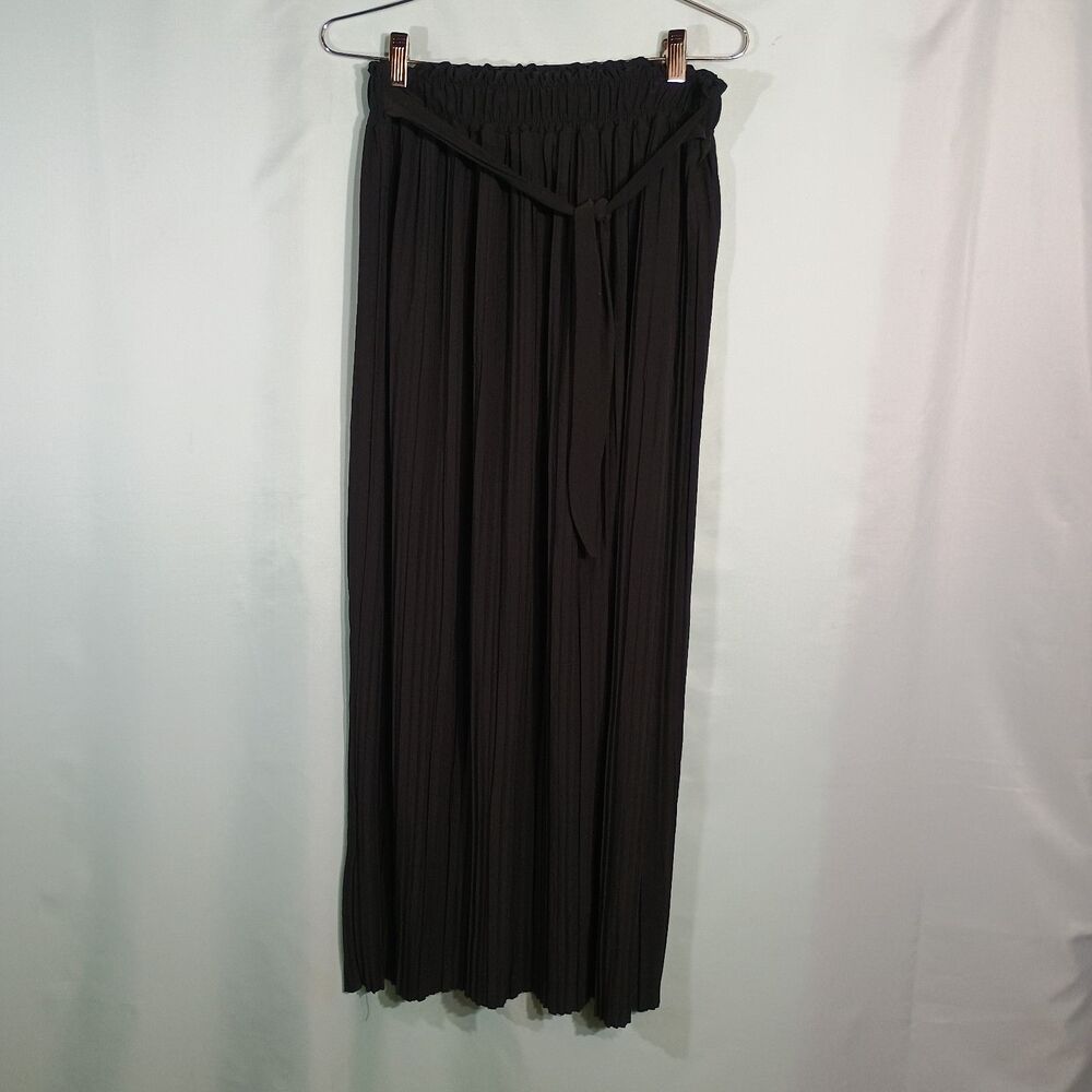 Women’s Black Pleated Wide Leg Pants – High Waist Tie Belt Palazzo Pants